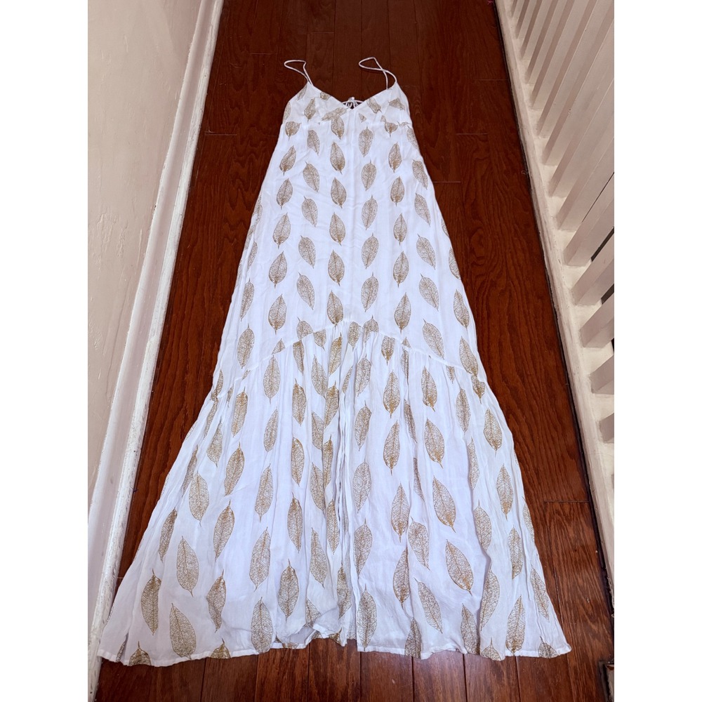Pampelone White Gold Leaf Print Tiered Maxi Dress Small Viscose Resort Wear